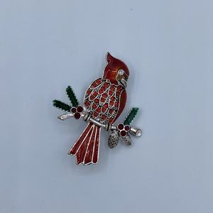 Enamel Rhinestone Red Cardinal Bird Holiday Brooch Pin